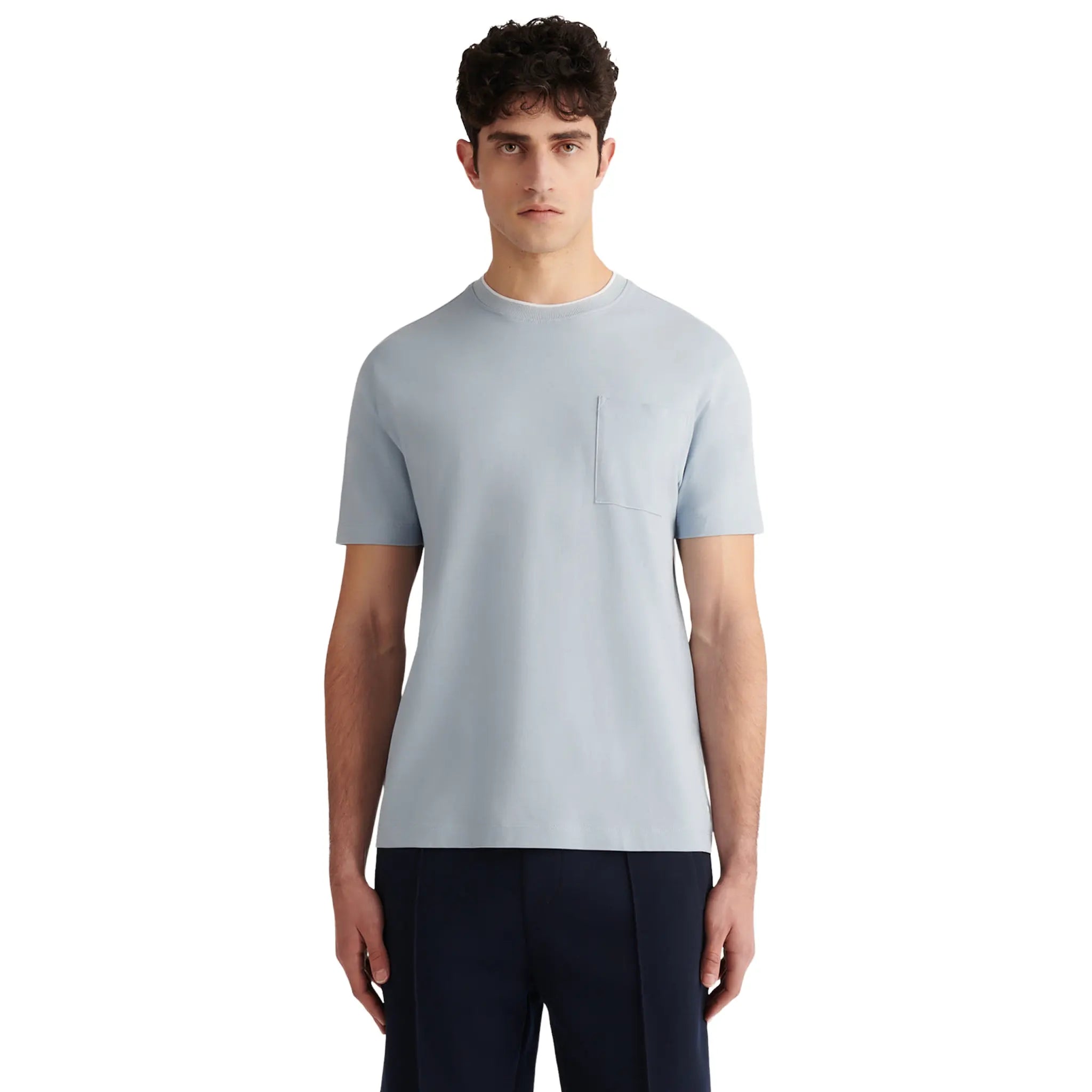 Front View of Peckham Rye Cabana Pique Pocket Blue Haze T-Shirt